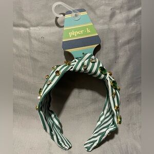 Piper K Green and White Striped Headband with Gems